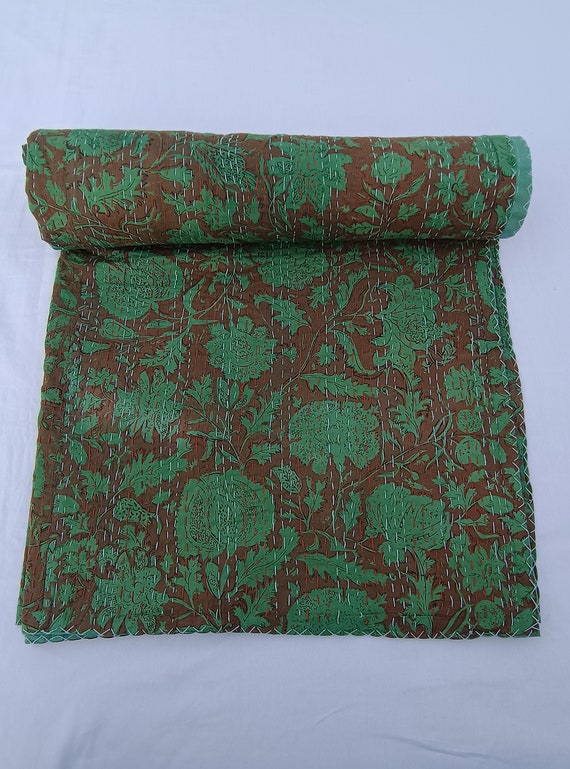 Floral Kantha Quilt, Hand Stitched Cotton, Natural Dyes