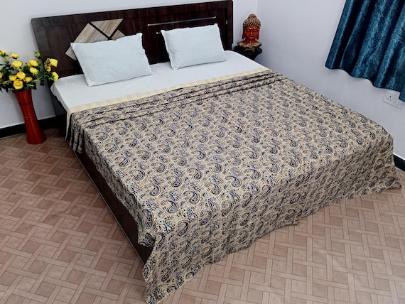 Kantha Quilt Bedding Hand Block Print Floral Blanket Indian Natural Color, Hand-Stitched Rural Kantha Bedding, Ethnic Home Décor Style