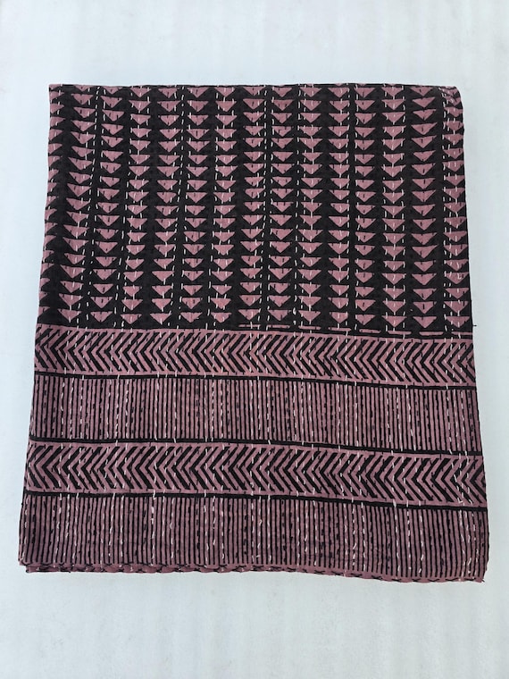 Handmade Kantha Quilt, Vintage Floral Block Print Bedding Vintage Bedding Quilt Gorgeous Quilt that has the Perfect Vintage look