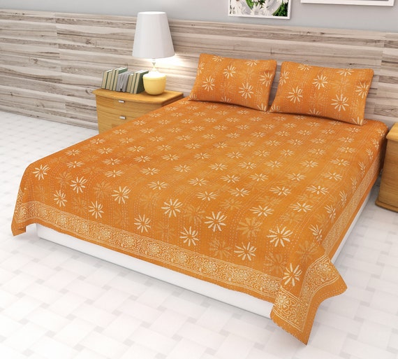 Leaf kantha quilt bedding bedspread queen size quilt Indian kantha throw Kantha Block Printed floral Kantha Quilt Handblock Print floral
