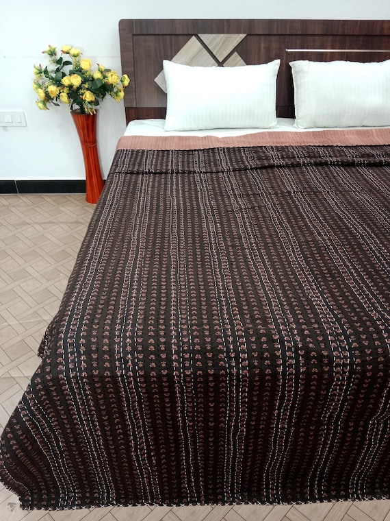 Handmade Kantha Quilt, Vintage Brown Floral Block Print Bedding Vintage Brown Bedding Quilt Gorgeous quilt that has the perfect vintage look
