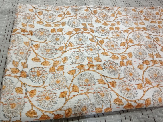 Orange Quilt Kantha Orange Floral Bedding Bedspread Queen Quilt Indian kantha Throw Kantha Block Printed Floral Kantha Quilt