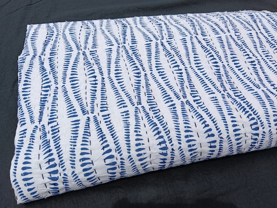 Indigo Blue white Kantha Quilt Blue Indigo thorw Indian HandBlock Print Bedding Bedspread Full size Queen Quilt Hand Stitched Kantha Quilt