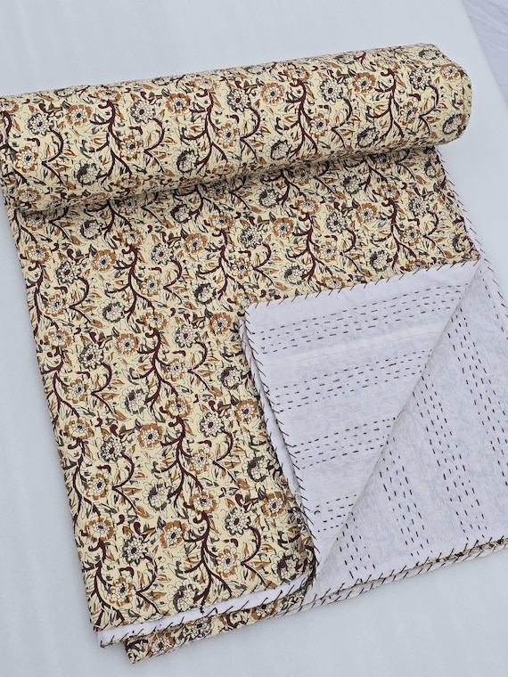 Floral Kantha Quilt Handmade Flowers Print Kantha Indian Netural Colour Indian inspired Bedding Hand Stitched Rural Kantha Quilt Bedding