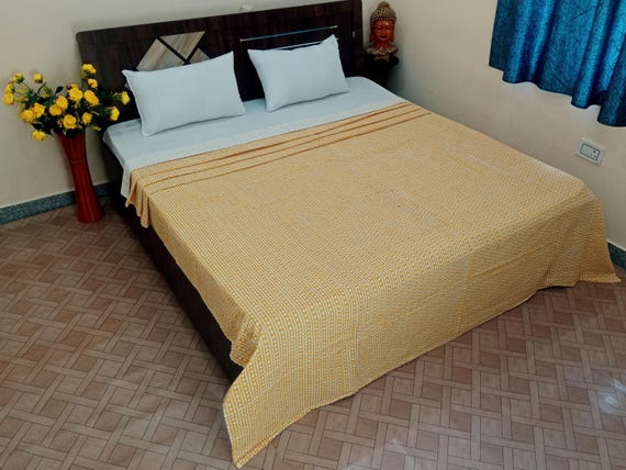 Premium Indian Kantha Quilt, Yellow Striped Hand Block Print Indian Natural Color Blanket Quilt, Hand Stitched Vegetable dye Handmade quilt