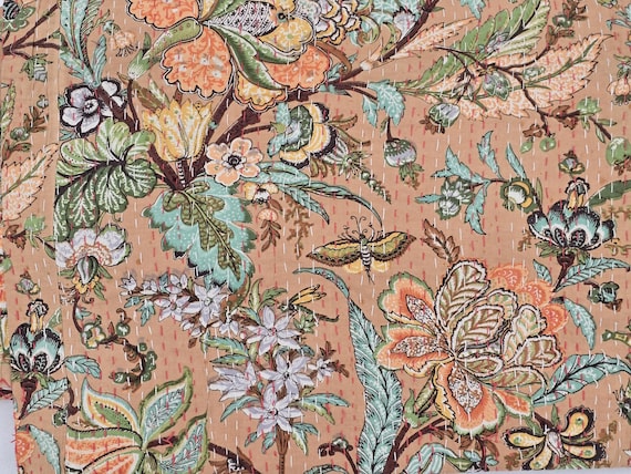 Floral Kantha Quilt: Hand-Stitched Indian Bedding Bedspread floral printed cotton quilt Christmas Gifts