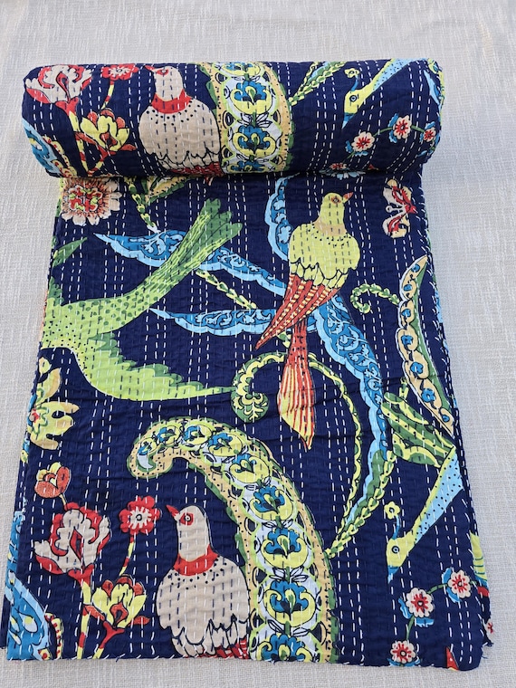 Kantha Quilt Bedding Hand Block Print Floral Blanket Indian Natural Color, Hand-Stitched Rural Kantha Bedding, Ethnic Home Décor Style