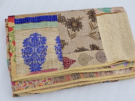 Indian Silk Patola Patchwork Handmade Kantha Quilt Assorted Patchwork Kantha Handmade Vintage Quilts Assorted Vintage style vintage design