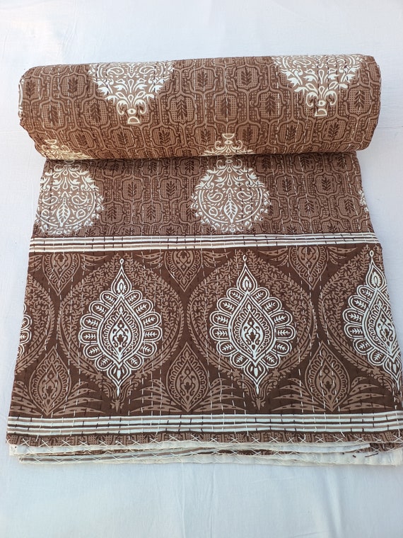 Luxury Valentine's Day Gift, Chocolate Brown Kantha Quilt, Hand block Floral Print, Indian Natural Color Hand-Stitched Vegetable Dye Quilted