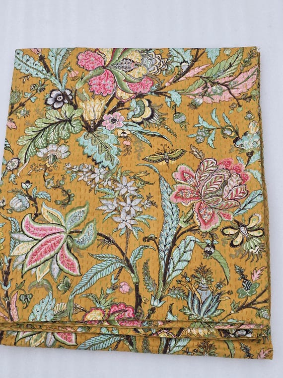 Floral Kantha Quilt: Hand-Stitched Indian Cotton Bedspread