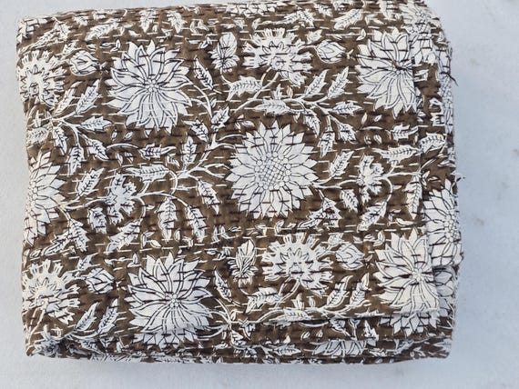 Hand Stitched Floral Kantha Quilt, Indian Floral Print Cotton Bedspread