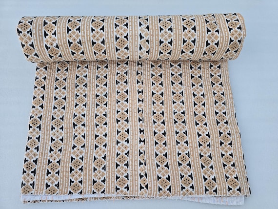 Striped Kantha Quilt Handblock Print floral Kantha Indian Beddding Netural Colour Indian inspired Bedding Striped Quilt Striped throw quilt