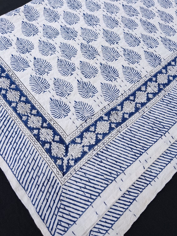 Blue Leaf  HandBlock Print Bedding Full size Quilt Hand Stitched Kantha Quilt Blue Leaf kantha Quilt light Weight blue and white Kantha
