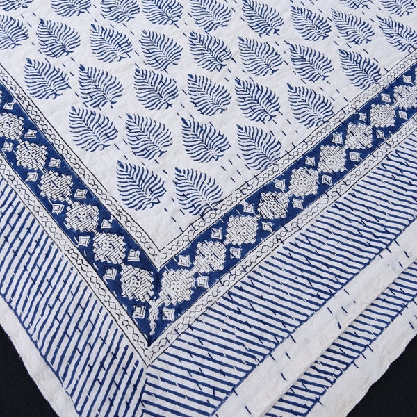 Blue Leaf Indian HandBlock Print Bedding Bedspread Full size Queen Quilt Hand Stitched Kantha Quilt Blue Leaf kantha Quilt light weight Full