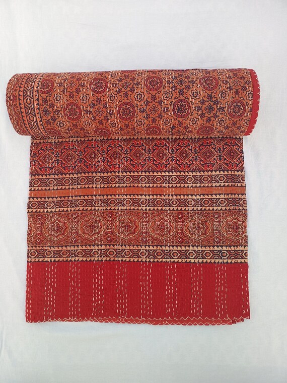 Luxury Ajarak Kantha Quilt | Handmade Quilt Bedding Throw Blanket | Quilted Bedspread | Hippie Style Quilts | Valentine’s Day Gift for Her
