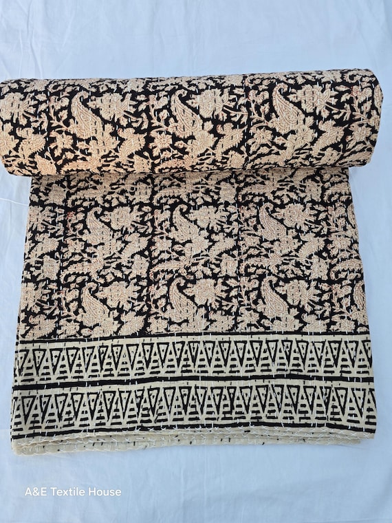Kantha Quilt Bedding Hand Block Print Floral Blanket Indian Natural Color, Hand-Stitched Rural Kantha Bedding, Ethnic Home Décor Style