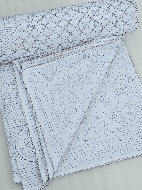 Handblock Print Kantha Quilt: Floral Indian Queen Size Bedding