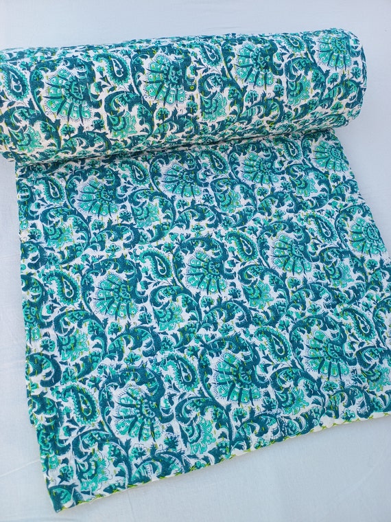 floral Kantha Quilt Handblock Print floral Netural Colour Green floral Kantha Quilt Pillow & Cushion cover Availably all size Kantha quilt