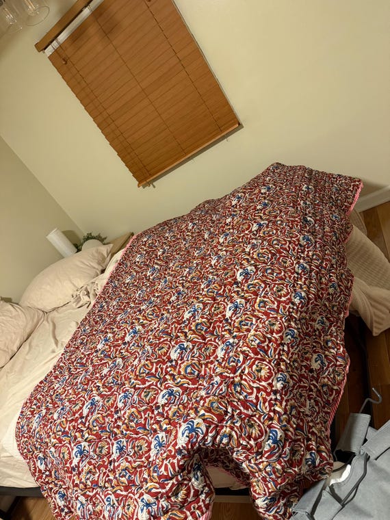 Winter Warm Handmade Burgundy Batting Quilt: Floral Block Print Cotton Quilt Jaipur quilt burgundy