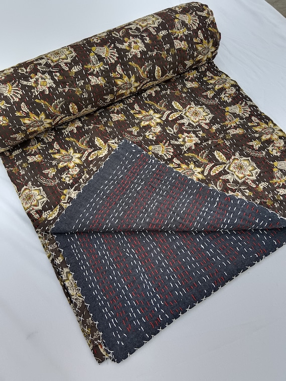 Boho Indian Kantha Quilt, Handmade Cotton Throw Blanket, Block Print Bedding, Vintage Floral Kantha Bedspread, Queen Size Indian Bed Cover