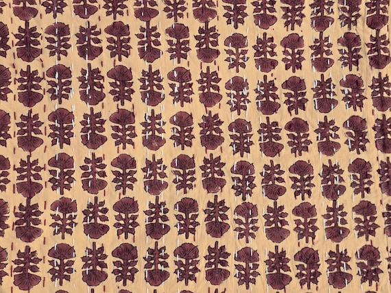 Floral Kantha Quilt, Vintage Block Print Bedding, Handmade Cotton Bedspread