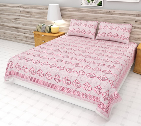Pink artistry kantha quilt quilt Handblocked Pink and White Handmade Kantha Indian cotton handmade making quilt bedding bedspread throw