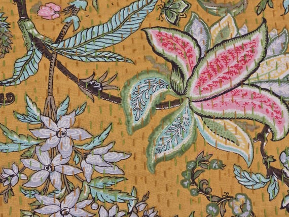Floral Kantha Quilt: Hand-Stitched Indian Bedding Bedspread floral printed cotton quilt Christmas Gifts
