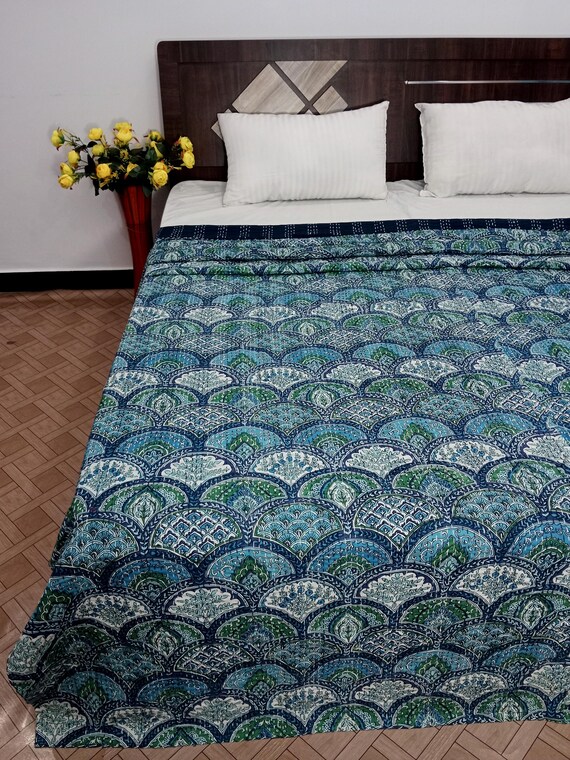 Kantha Quilt Bedding Hand Block Print Floral Blanket Indian Natural Color, Hand-Stitched Rural Kantha Bedding, Ethnic Home Décor Style