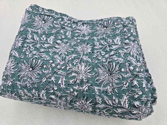 Kantha Quilt Bedding Hand Block Print Floral Blanket Indian Natural Color, Hand-Stitched Rural Kantha Bedding, Ethnic Home Décor Style