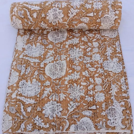 Block Print Quilt Hand-Stitched Kantha Quilt Tan Floral Hand Block Print Indian Bedding