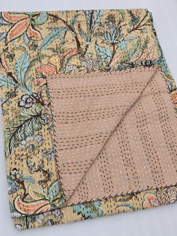 Floral Kantha Quilt: Hand-Stitched Indian Cotton Bedspread