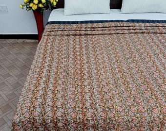 Kantha Quilt Queen | Block Print Bedding Boho Blanket Indian Cotton Quilt Handmade Bedspread with Hand Stitch Kantha Work