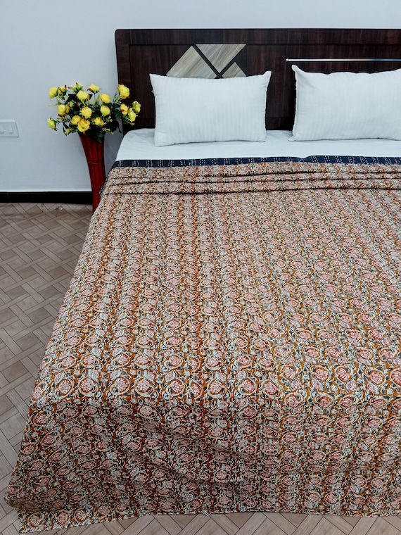 Kantha Quilt Queen | Block Print Bedding Boho Blanket Indian Cotton Quilt Handmade Bedspread with Hand Stitch Kantha Work