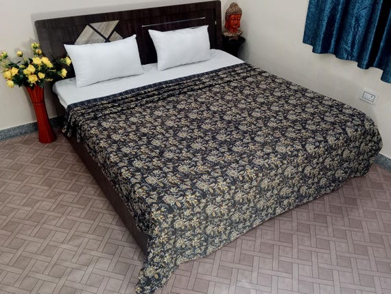 Gold Floral Kantha Quilt Handblock Print floral Kantha handblock print kantha quilt throw, handmade kantha quilt queen bedspread brddding