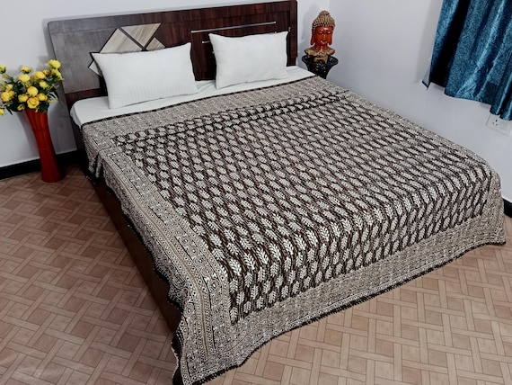 Premium Chocolate Brown Kantha Quilt blanket, Floral Hand block Print Indian Hand Stitched Quilt Eco Friendly Natural Only 1 piece available