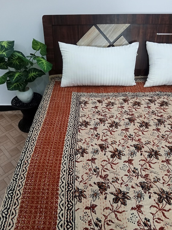 Floral Hand Block Print Kantha Quilt: Indian Cotton Bedding