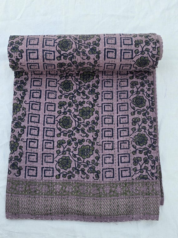 Floral Kantha Quilt, Vintage Block Print Bedding, Handmade Cotton Bedspread