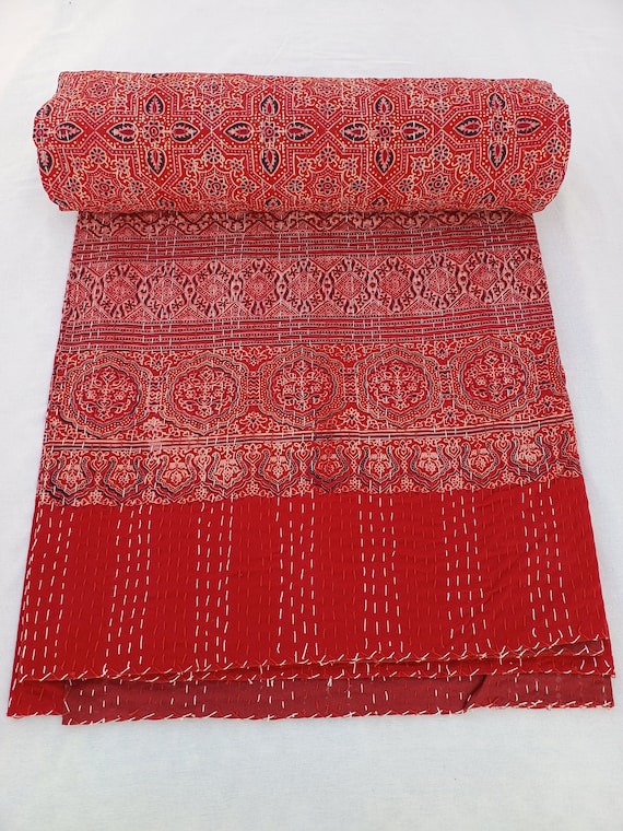 Ajrak or Ajrakh is a unique block printed textile. It displays special traditional designs and patterns Ajrak Vintage design kantha quilt