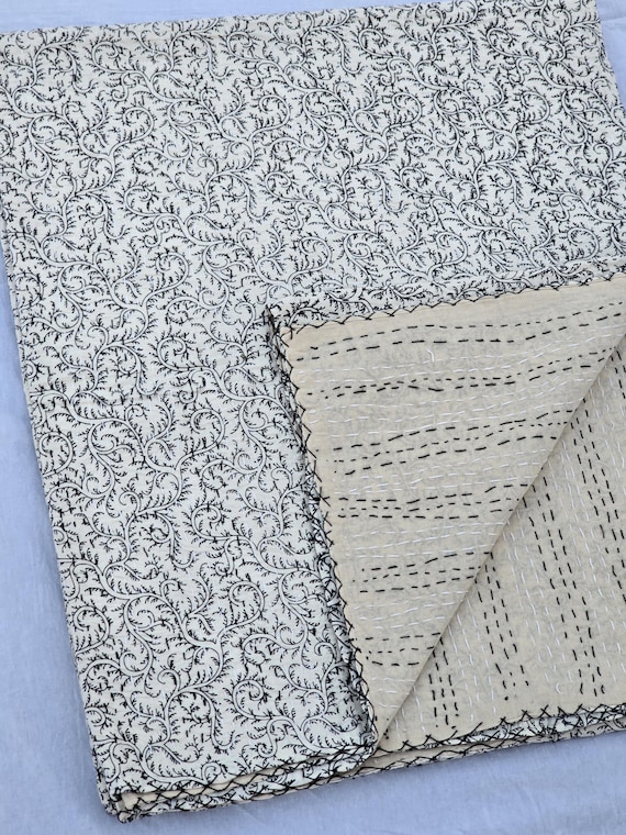 Hand Block Print Kantha Quilt: Floral Indian Bedding, Beige Cotton