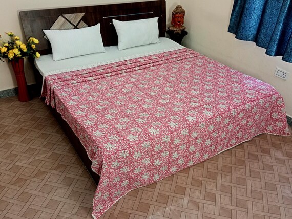 Preppy Room decor Kantha Quilt kantha Throw Blanket kantha quilted Flowers print Cotton kantha quilt floral design bedding bedspread
