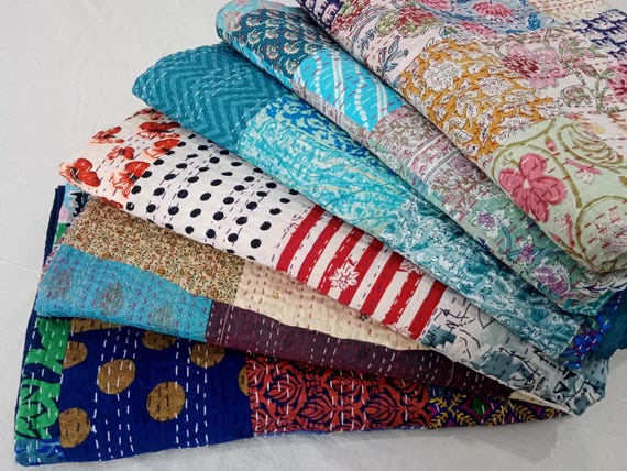 5pc Vintage Patchwork  Kantha Quilt Set: Handmade Indian Bohemian Throw Blanket