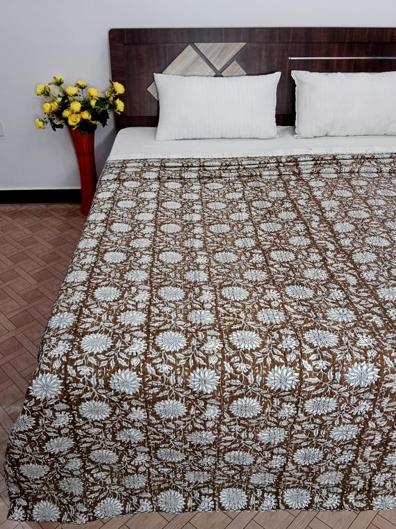 Premium Brown Earthen Cotton Kantha Quilt, Indian Mud Print Hand Stitched Quilt, Natural Vegetable Dyes Kantha Hand Block Print Home Decor