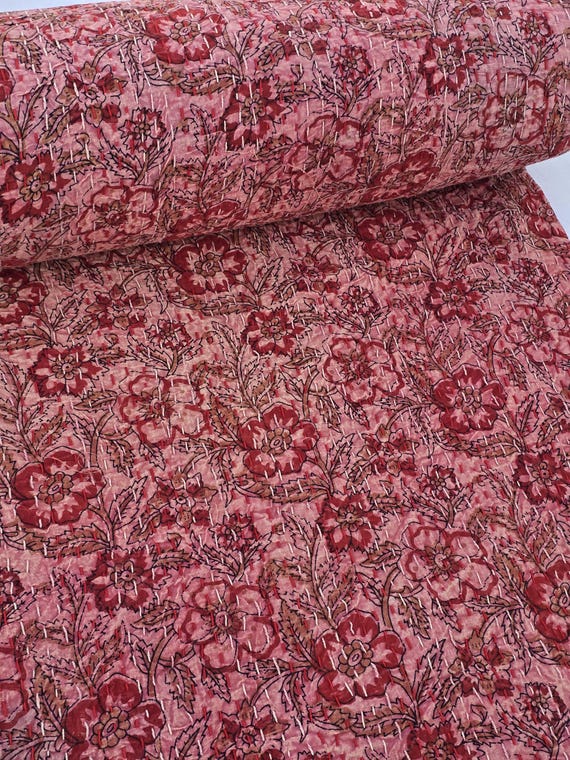 Floral Kantha Quilt, Vintage Block Print Bedding, Handmade Cotton Bedspread