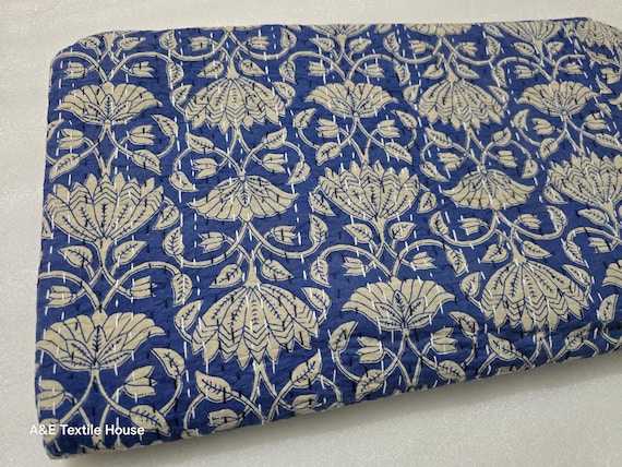 Blue Floral kantha Quilt  Block Print Kantha Quilt: Reversible  Kantha Quilt Throw Blanket