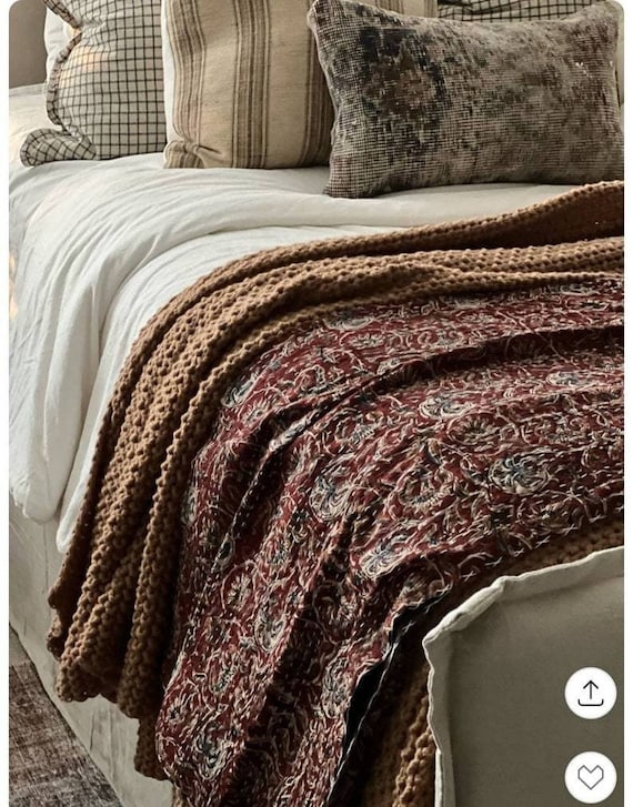 Handmade Burgundy Kantha Quilt, Floral Block Print Cotton Bedding, Indian Quilt, Maroon Duvet, Hand Stitched Kantha, Boho Bedroom Decor