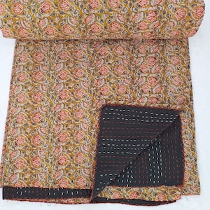 Block Print Quilt Kantha Quilt Floral Indian Inspired Bedding Cotton Hand Stitched Vintage Kantha