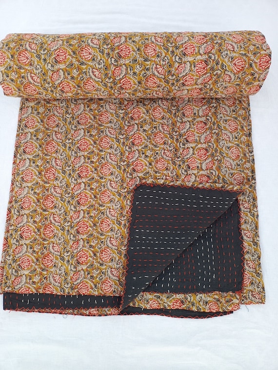 Kantha Quilt, Floral Indian Inspired Bedding, Cotton, Hand Stitched, Vintage Kantha Bedspread, Indian Bed Cover, Queen & King Size