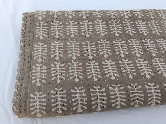 Hand-Stitched Kantha Quilt: Floral Block Print Cotton Quilt Bedspread