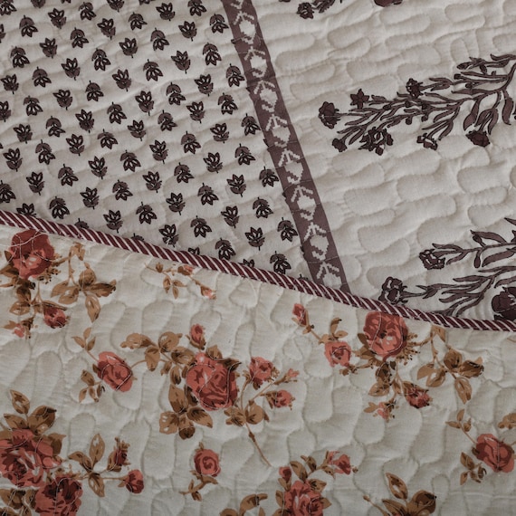 Handmade Kantha Quilt, Floral Block Print Cotton Bedding, Boho Vintage Throw (82x98 in)