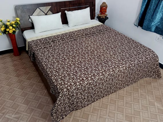Kantha Quilt Bedding Hand Block Print Floral Blanket Indian Natural Color, Hand-Stitched Rural Kantha Bedding, Ethnic Home Décor Style
